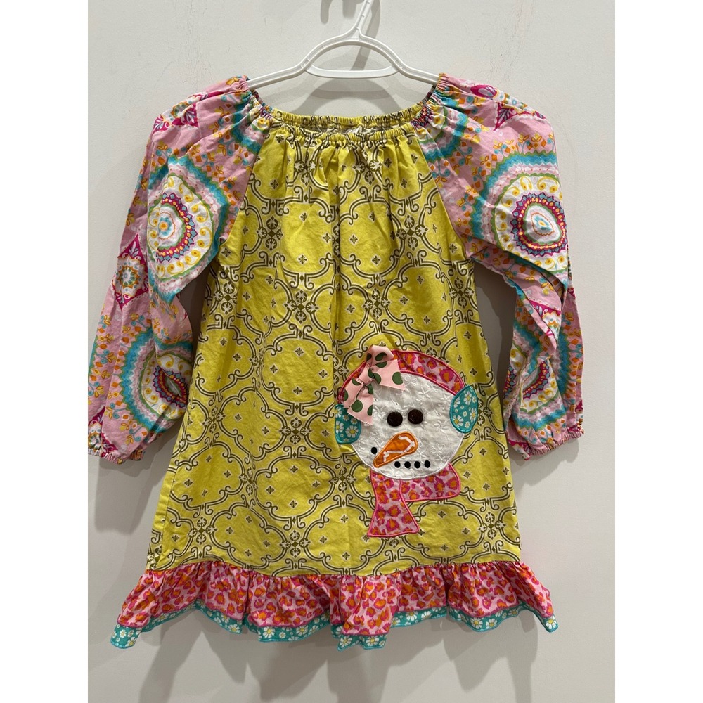 La Jenns Girls Yellow Snowman Applique Ruffle Dress Size 7 Cotton Long Sleeve